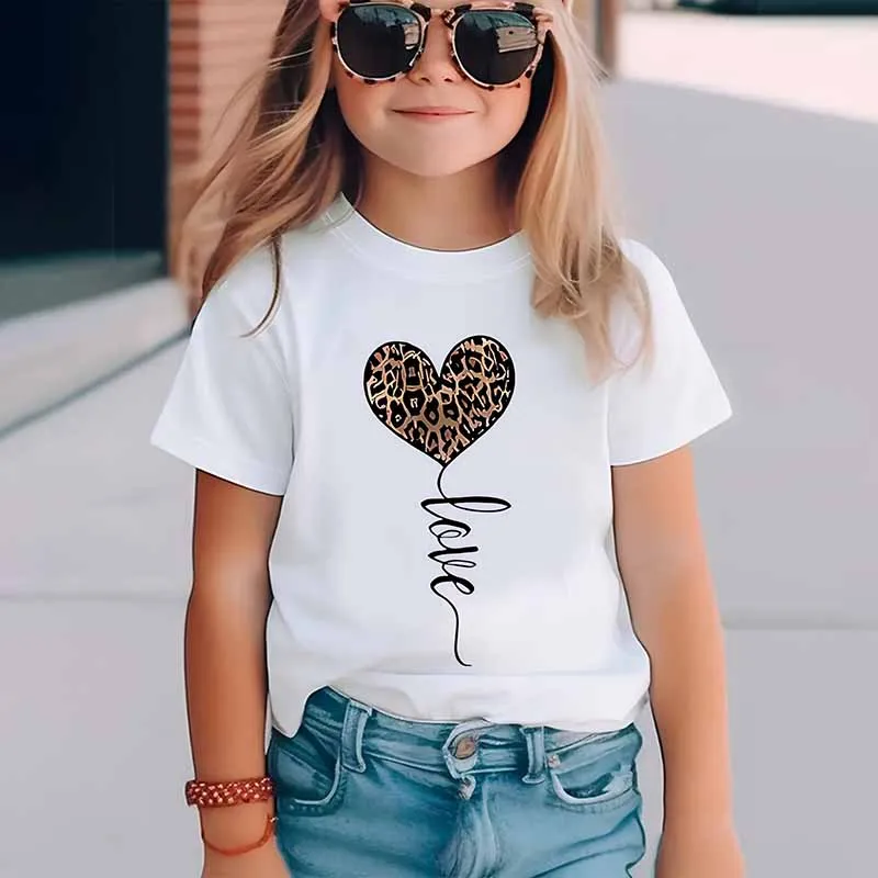 Kids Toddler Girls Casual Heart Print Short Sleeve Crewneck T-Shirt