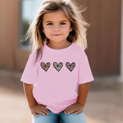 Kids Toddler Girls Casual Leopart Heart Print Short Sleeve Crewneck T-Shirt