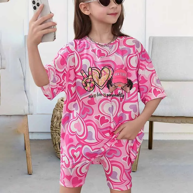 Kids Toddler Girls Love Print Short Sleeve T-Shirt Short Sets Casual Outfit