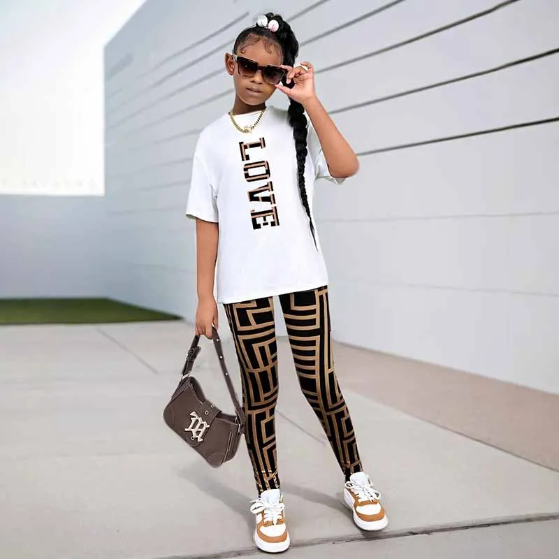 Kids Toddler Girls Fashion Casual Alphabet Print Short Sleeve T-Shirt Trousers Sets