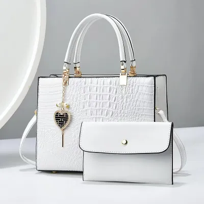 Women Fashion Bright Crocodile Stone Pattern Leather Large Capacity Handbag Set