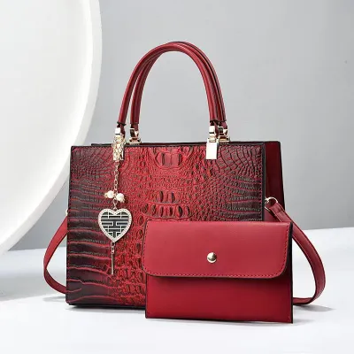 Women Fashion Bright Crocodile Stone Pattern Leather Large Capacity Handbag Set