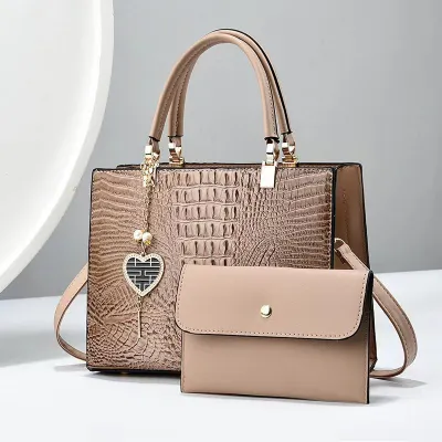 Women Fashion Bright Crocodile Stone Pattern Leather Large Capacity Handbag Set