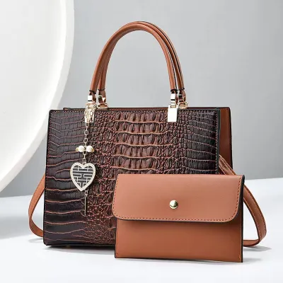 Women Fashion Bright Crocodile Stone Pattern Leather Large Capacity Handbag Set