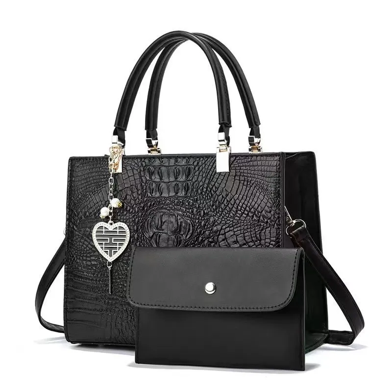 Women Fashion Bright Crocodile Stone Pattern Leather Large Capacity Handbag Set
