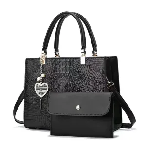 Women Fashion Bright Crocodile Stone Pattern Leather Large Capacity Handbag Set