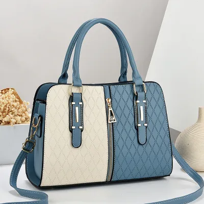 Women Colorblock Large Capacity Zipper PU Tote Handbag with Single Shoulder Strap