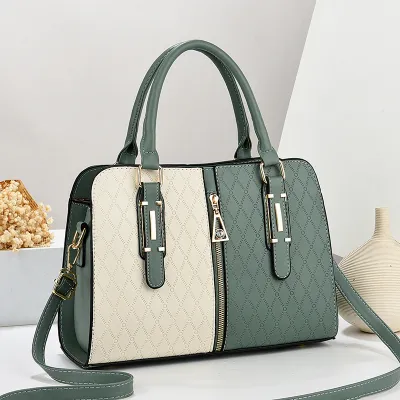 Women Colorblock Large Capacity Zipper PU Tote Handbag with Single Shoulder Strap