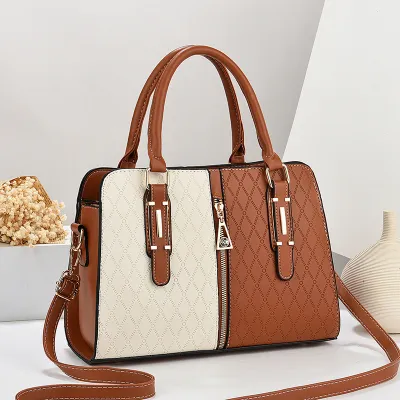 Women Colorblock Large Capacity Zipper PU Tote Handbag with Single Shoulder Strap