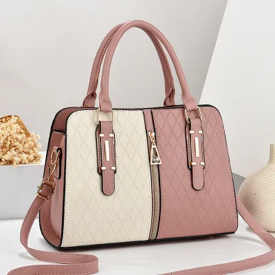 Women Colorblock Large Capacity Zipper PU Tote Handbag with Single Shoulder Strap