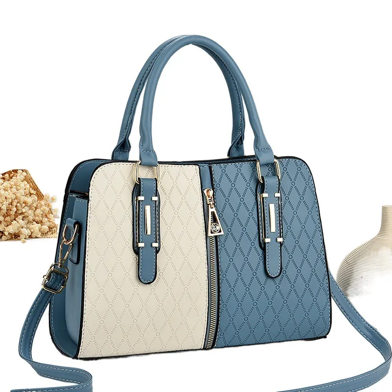Women Colorblock Large Capacity Zipper PU Tote Handbag with Single Shoulder Strap