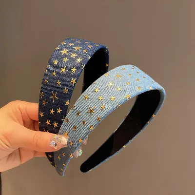 Women Fashion Denim Five-Pointed Star Printed Wide-Brimmed Hairband