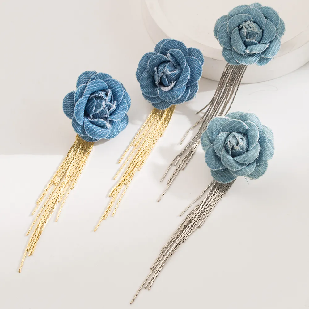 Women Fashion Exaggerated Denim Rose Floral Tassel Drop Earrings