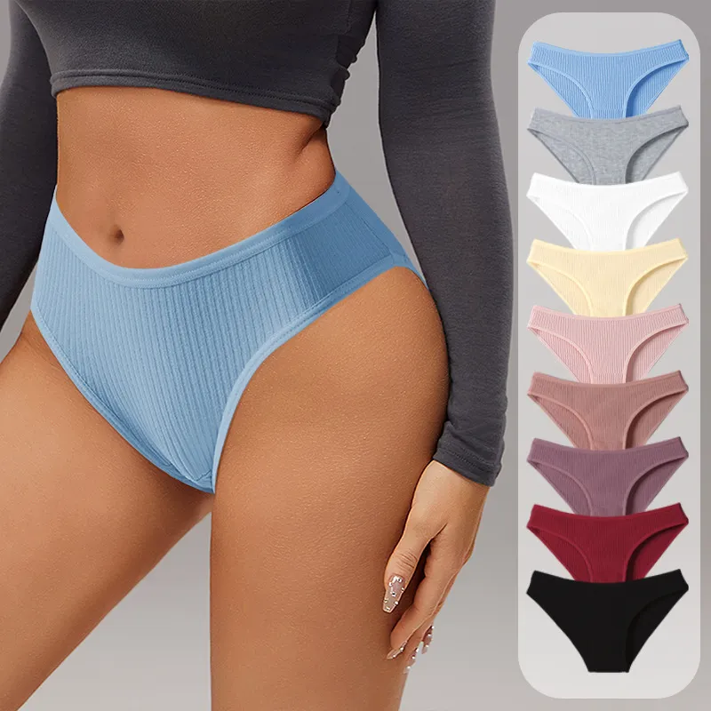 Women Fashion Sexy Solid Color Threaded Low Waist Cotton Panties