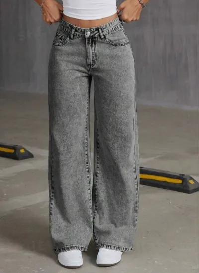 Women Casual Embroidered Bowknot Pockets Loose Wide Leg Jeans