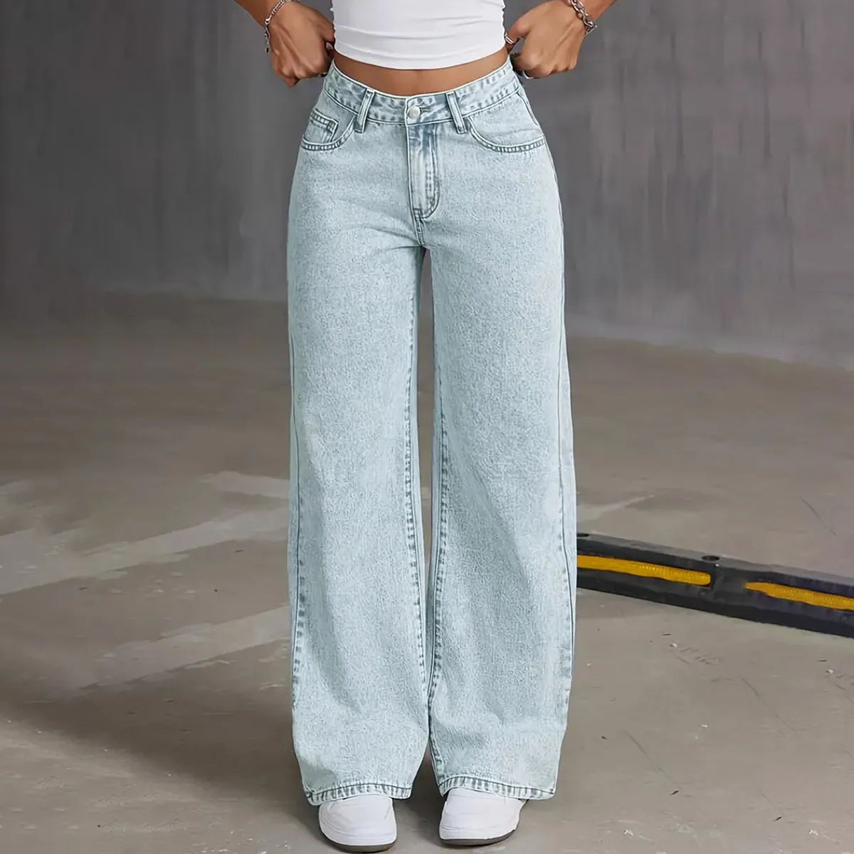 Women Casual Embroidered Bowknot Pockets Loose Wide Leg Jeans