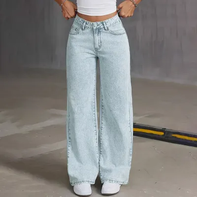 Women Fashion Casual Bowknot Embroidered Pockets Loose Wide Leg Jeans