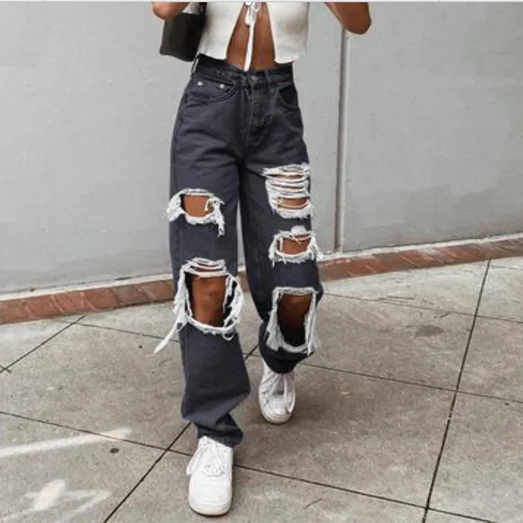 Women Casual Straight Leg Loose Ripped Denim Jeans