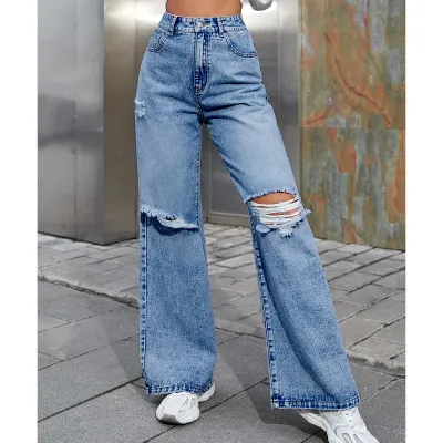 Women Casual High Waist Wide Leg Ripped Jeans