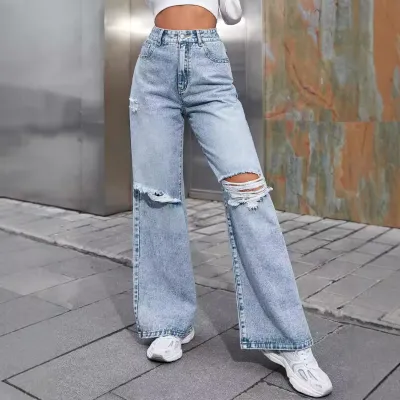 Women Fashion Casual High Waist Wide Leg Ripped Jeans