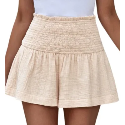 Women Casual Cotton And Linen Solid Color High Waist Pleated Shorts