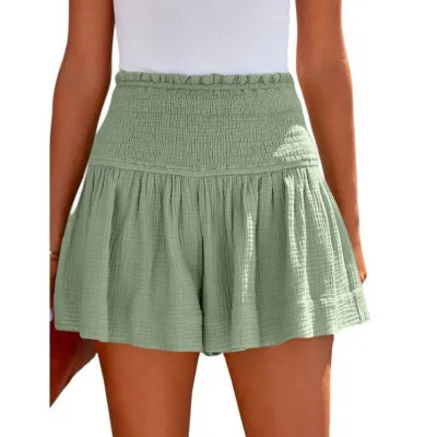 Women Casual Cotton And Linen Solid Color High Waist Pleated Shorts