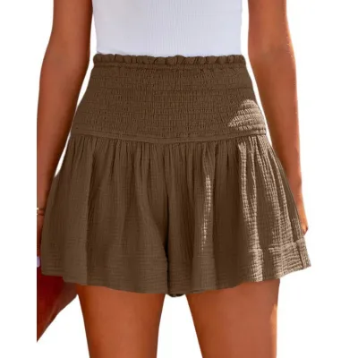 Women Casual Cotton And Linen Solid Color High Waist Pleated Shorts