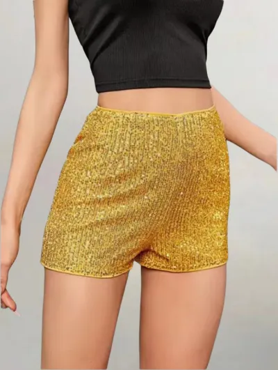 Women Fashion Sexy Solid Color Sequins Slim-Fit Shorts