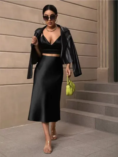 Women Fashion Sexy Solid Color Satin Mid-Length Fishtail Skirt