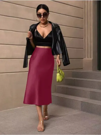Women Fashion Sexy Solid Color Satin Mid-Length Fishtail Skirt