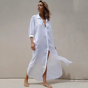 Women Casual Lapel Long-Sleeve Loose Beach Swimsuit Cover-Ups