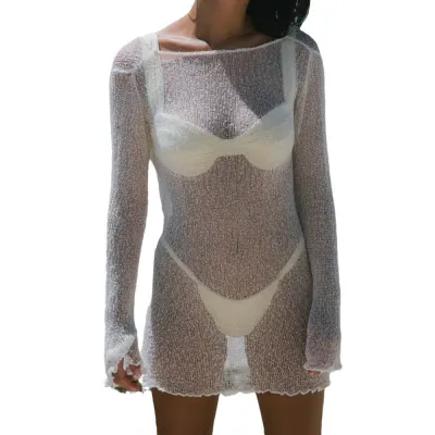 Women Fashion Solid Color Knitted Long-Sleeve Hollow-Out See-Through Swimsuit Cover-Up