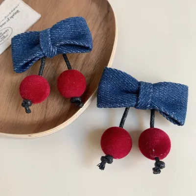 Fashion Denim Cherry Bow Duckbill Clip Hair Accessories Sweet Fresh