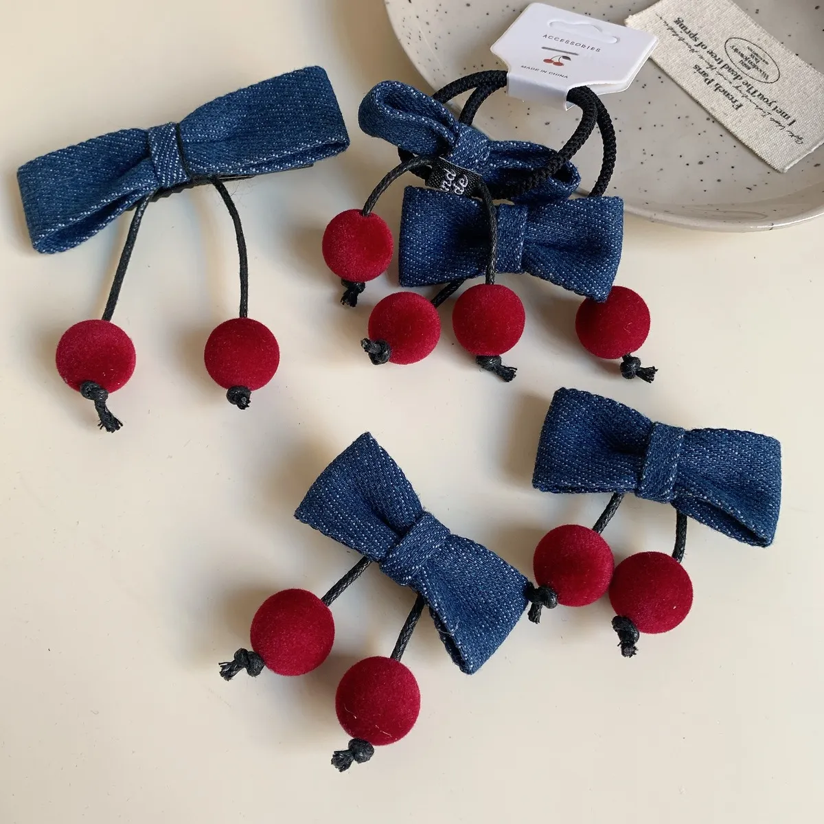 Fashion Denim Cherry Bow Duckbill Clip Hair Accessories Sweet Fresh
