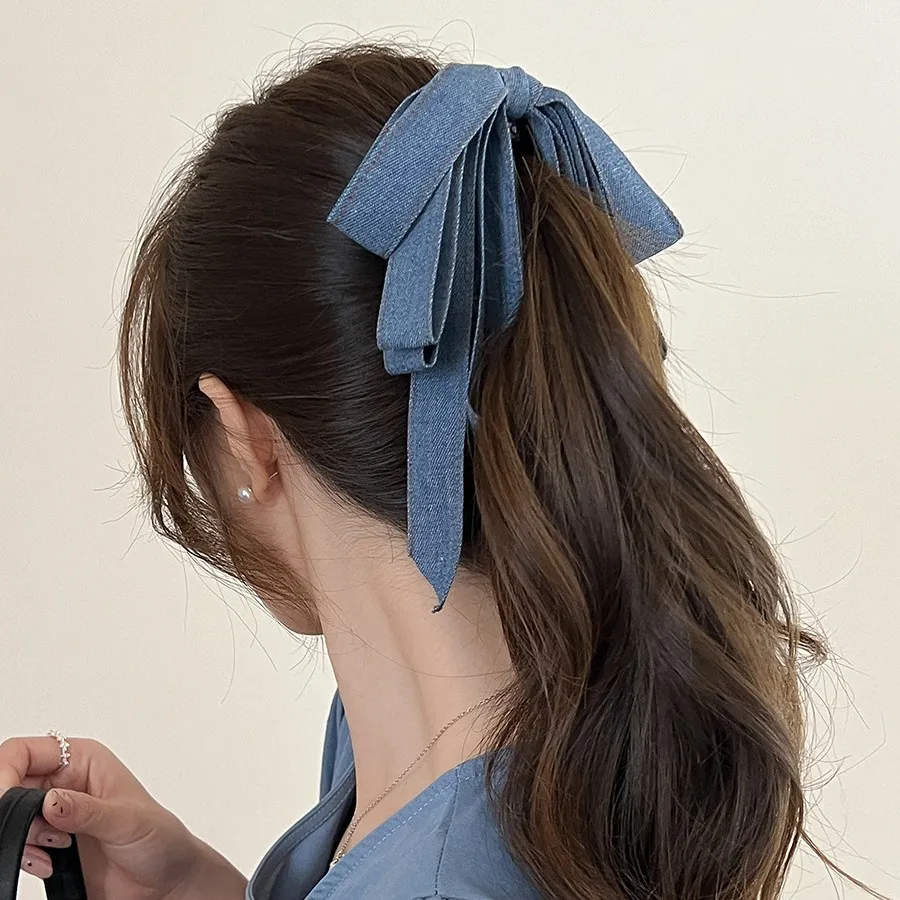 Elegant Denim Bow Cloth Hair Accessories
