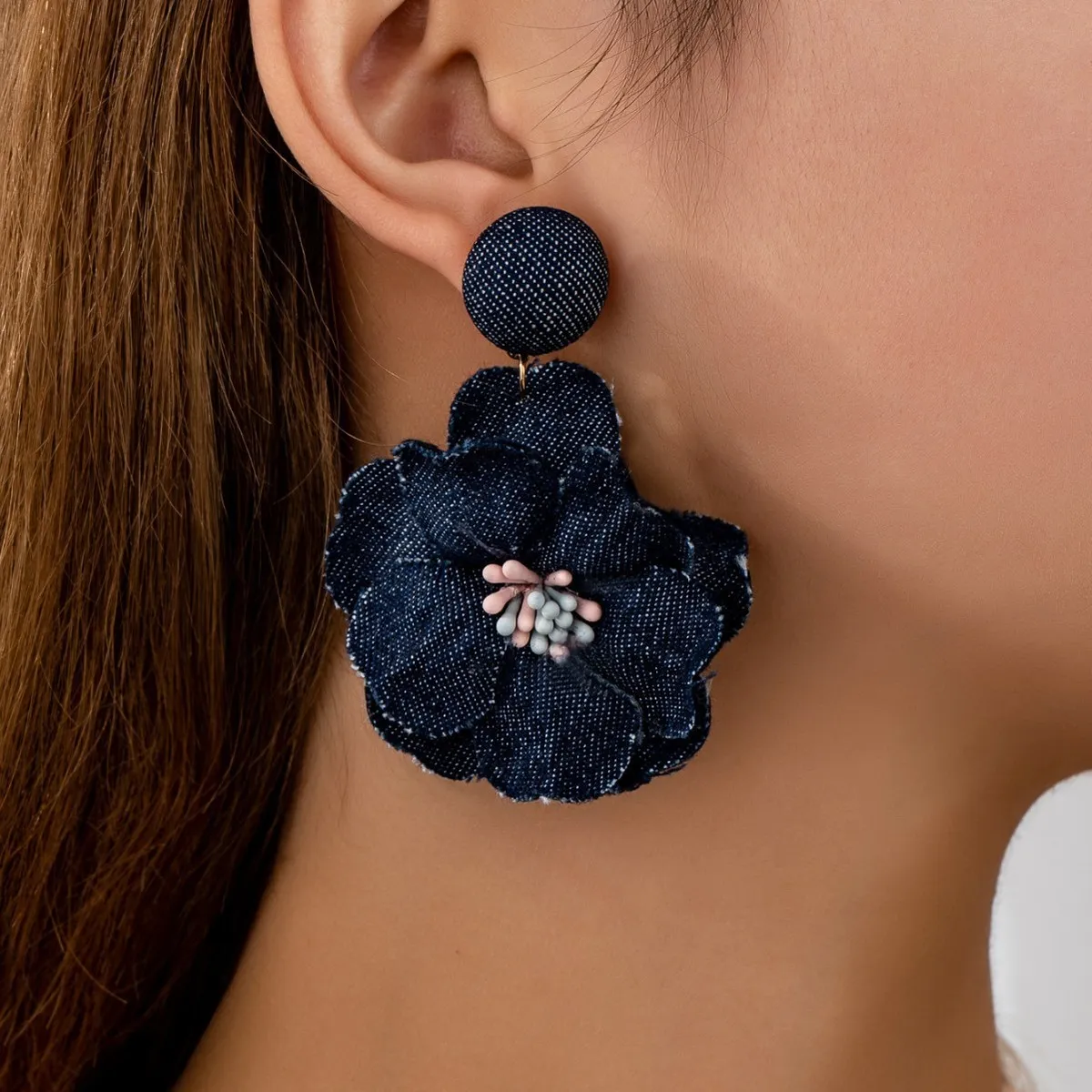 Vintage Denim Camellia Earrings - Retro Floral Stud Earrings for Women