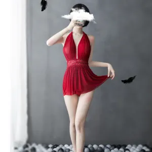 Women Fashion Mesh Perspective Deep V Halter-Neck Backless Double-Layer Sexy Bra Set