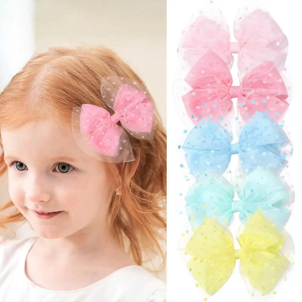 Cute Kids Girls Mesh Unicorn Polka Dot Bow Duckbill Hair Clip