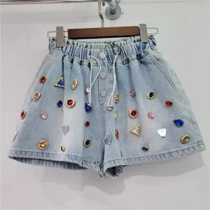 Women Fashion Casual Multicolor Rhinestone Loose High Waist Wide Leg Denim Shorts