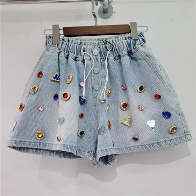 Women Fashion Casual Multicolor Rhinestone Loose High Waist Wide Leg Denim Shorts