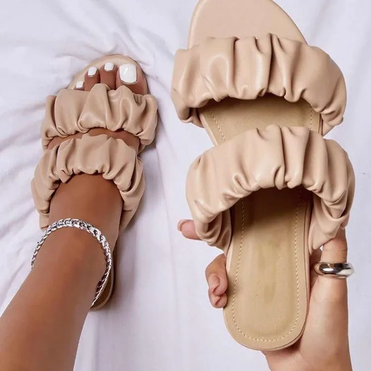 Women's Fashion Casual Solid Color Pleated Flat Slippers Plus Size