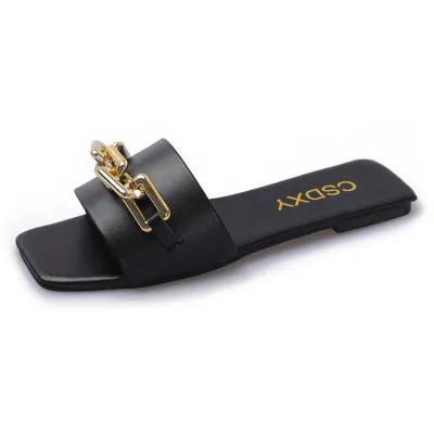 Women Fashion Casual Solid Color Metal Chain Square Toe Flat Slippers Plus Size
