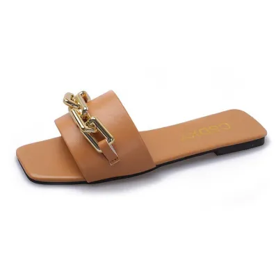 Women Fashion Casual Solid Color Metal Chain Square Toe Flat Slippers Plus Size
