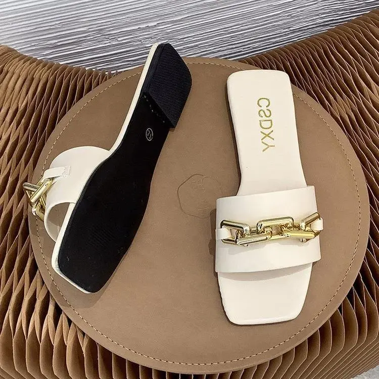 Women Fashion Casual Solid Color Metal Chain Square Toe Flat Slippers Plus Size