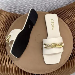 Women Fashion Casual Solid Color Metal Chain Square Toe Flat Slippers Plus Size