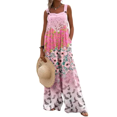 Women Fashion Casual Printed Sleeveless Wide-Leg Loose Jumpsuits