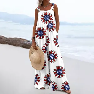 Women Fashion Casual Printed Sleeveless Wide-Leg Loose Jumpsuits