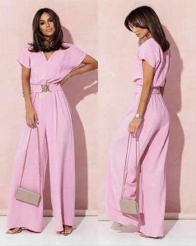 Women Casual Solid Color V-Neck Short Sleeve Belt Slim-Fit Jumpsuits