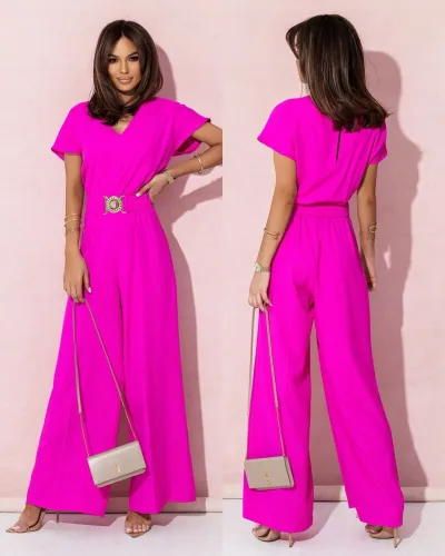 Women Casual Solid Color V-Neck Short Sleeve Belt Slim-Fit Jumpsuits