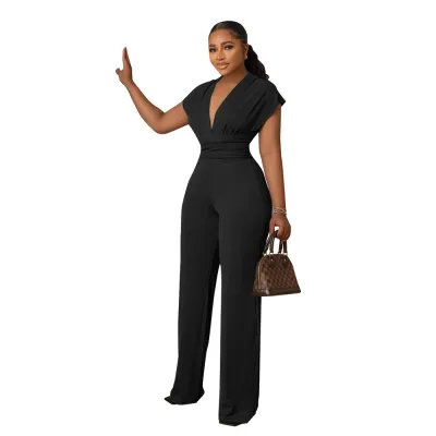 Women Fashion Casual Solid Color V-Neck Sleeveless Slim-Fit Jumpsuit